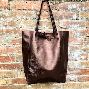 BROWN tote leather bag. Metallic effect genuine leather shopper. Large carry all bag for your laptop, books. Dark brown soft leather purse.