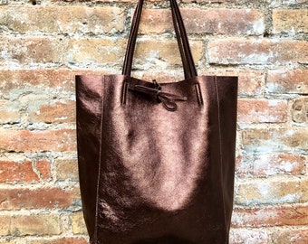 BROWN tote leather bag. Metallic effect genuine leather shopper. Large carry all bag for your laptop, books. Dark brown soft leather purse.