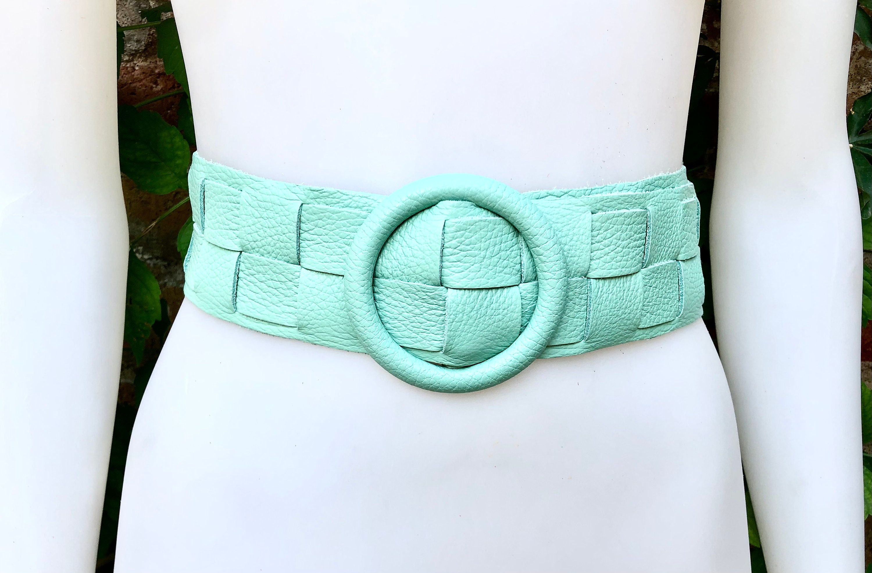 Aqua Green Leather Waist Belt With Large Round Buckle 