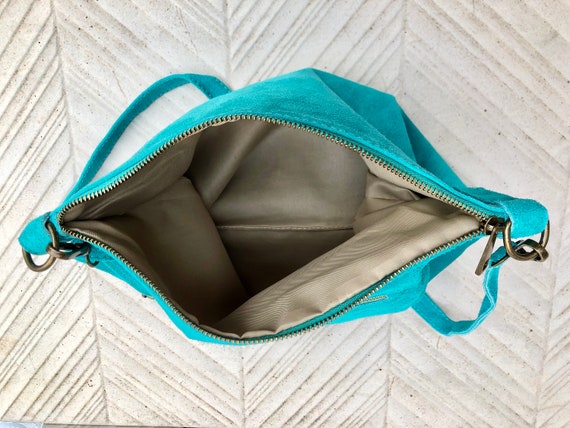 TURQUOISE BLUE Suede Messenger Bag With Suede Strap. Soft