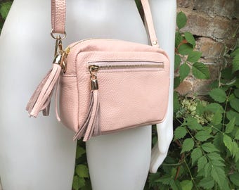 Small light PINK leather bag. GENUINE leather shoulder / cross body bag. Soft PINK leather purse with adjustable strap and zipper.