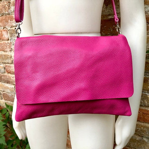 Crossbody leather bag in fuchsia PINK. Genuine soft leather. Hot pink crossover, messenger bag. Zipper + adjustable strap. Hot pink purse