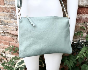 SAGE green leather bag. GENUINE leather cross body / shoulder bag. Light GREEN purse with adjustable strap + zipper. Soft leather messenger