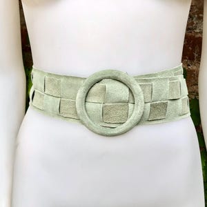 Light GREEN waist belt with large round buckle.Mint green boho soft suede wide belt. Genuine natural suede leather. Sage green dress belt
