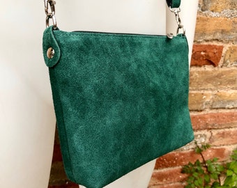 Green suede leather bag. Cross body bag, shoulder bag in GENUINE  leather. Small leather bag with adjustable strap and zipper. Green purse