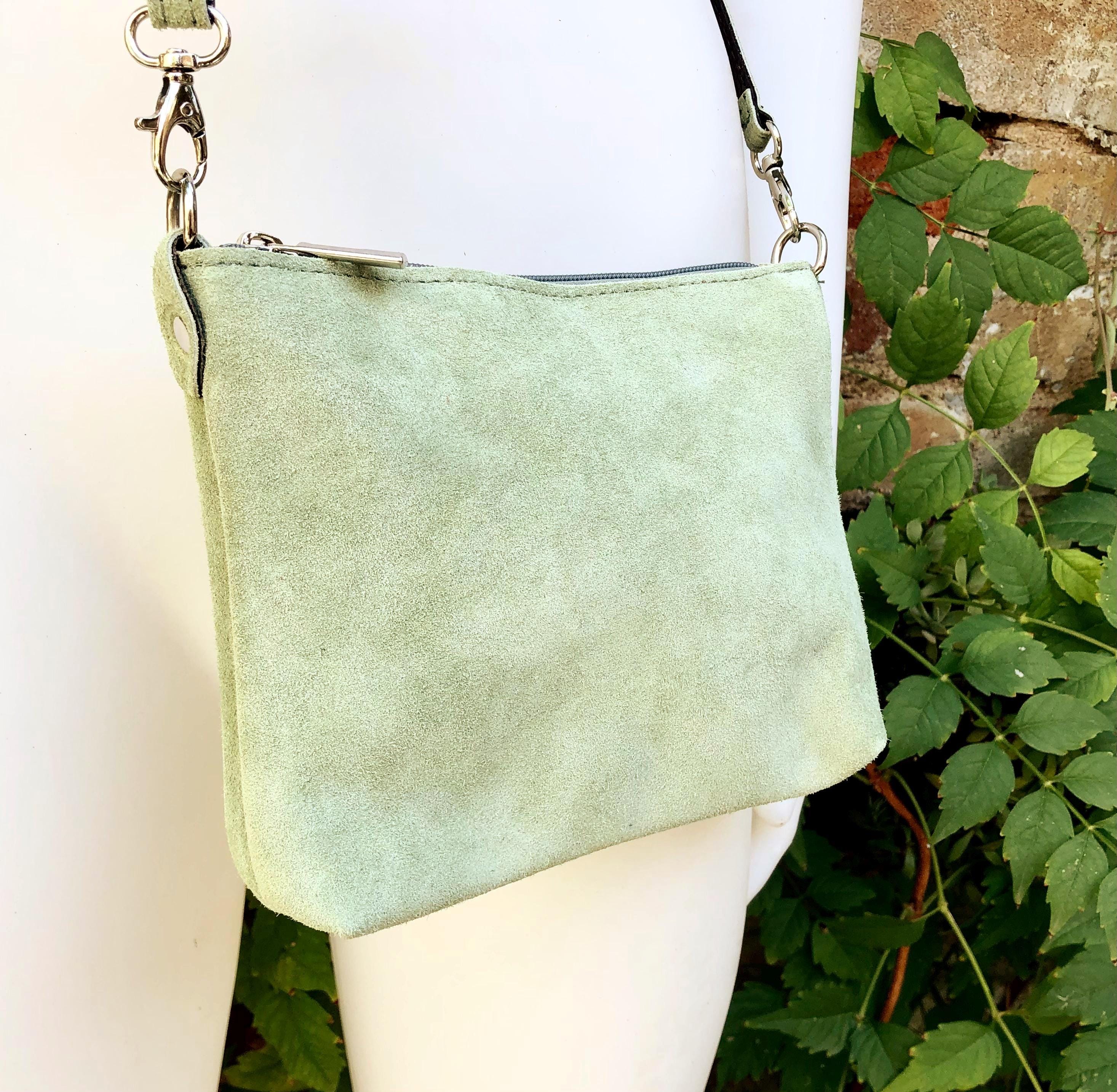 Suede Leather Bag in Light Mint -sage Green. Sage Crossbody