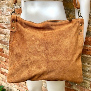 Camel  brown suede messenger bag with brown strap. Soft genuine leather crossbody / shoulder bag .or books, tablets. Brown suede purse