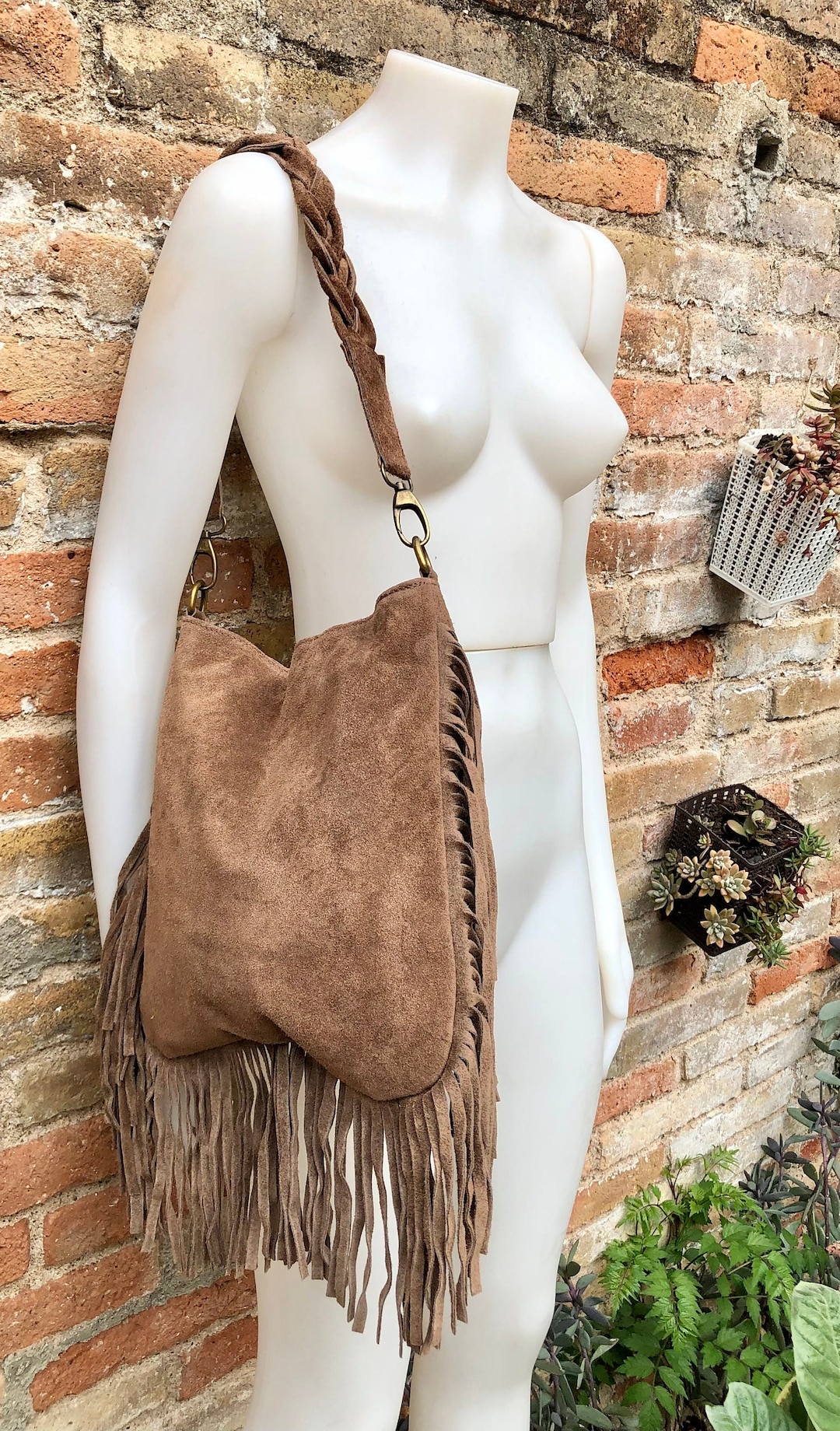Brown Crossbody / Shoulder Bag. Taupe Brown Boho Suede