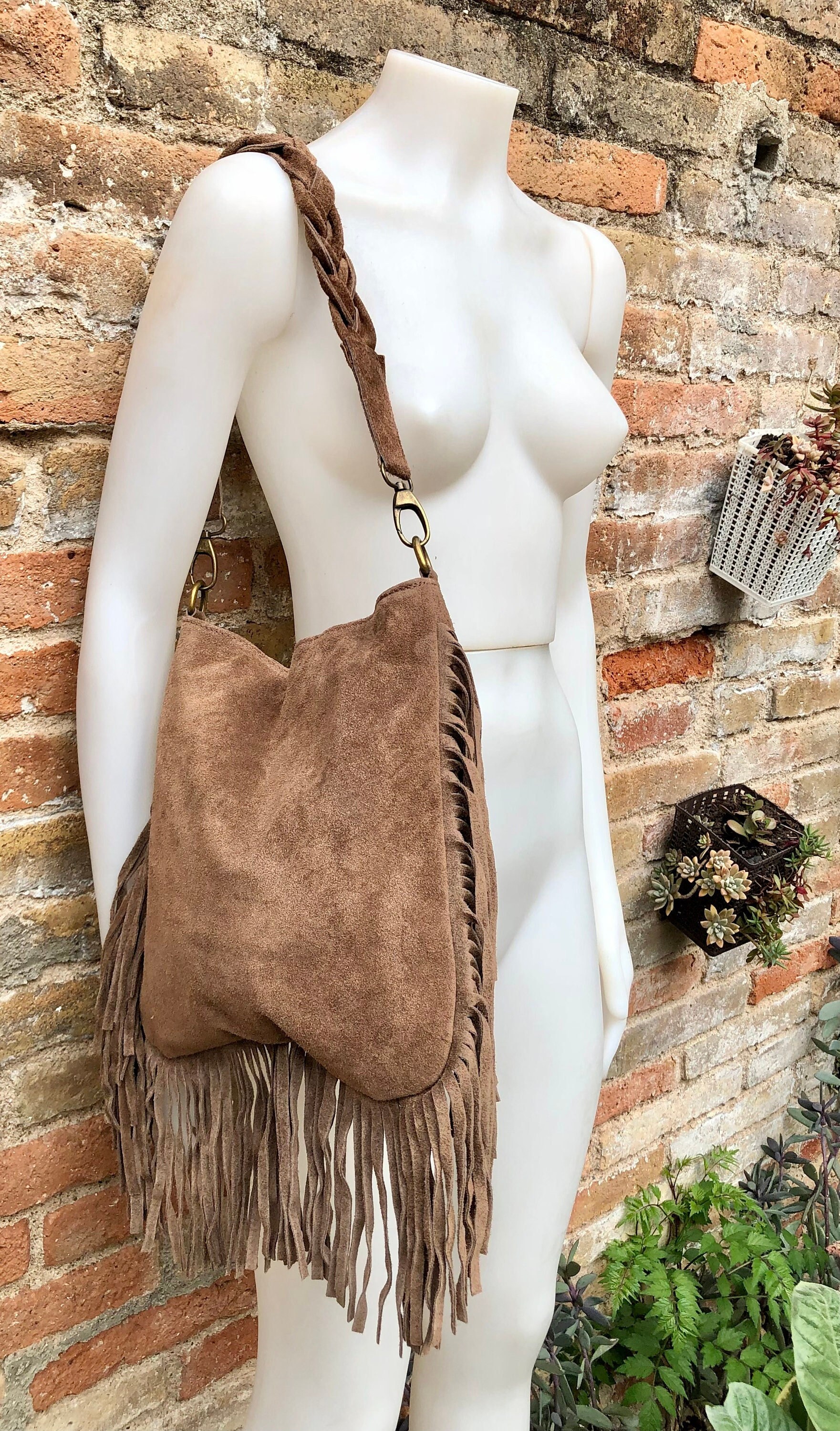Zara Brown Suede Backpack Fringe Detail Boho Western Fringe Backpack Bags & for Suede Exterior Women for sale | eBay main image 2