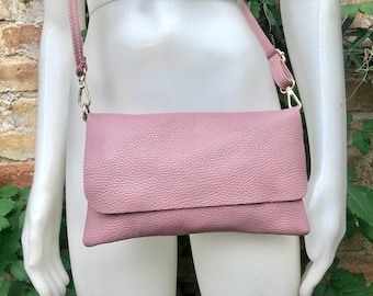 Small leather bag in purple - pink. Pink Crossbody bag, shoulder bag in GENUINE  leather. Pink purse with adjustable strap and zipper