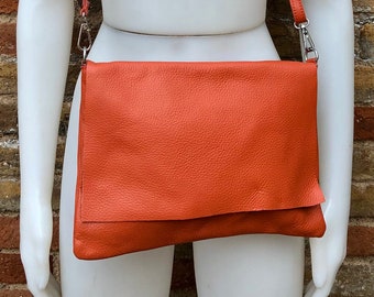 Cross body bag. Boho leather bag in BURNT ORANGE. Soft genuine leather. Crossover,messenger bag in ORANGE with adjustable strap