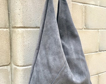 Slouch leather bag in GRAY . Large shoulder leather bag. Boho bag. Laptop bags in suede. Large suede leather bag. GRAY suede bag.