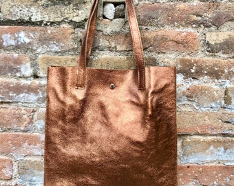 Tote leather bag in COPPER .Soft natural genuine leather shopper bag. Metallic leather shopper. COPPER shoulder bag. Copper purse