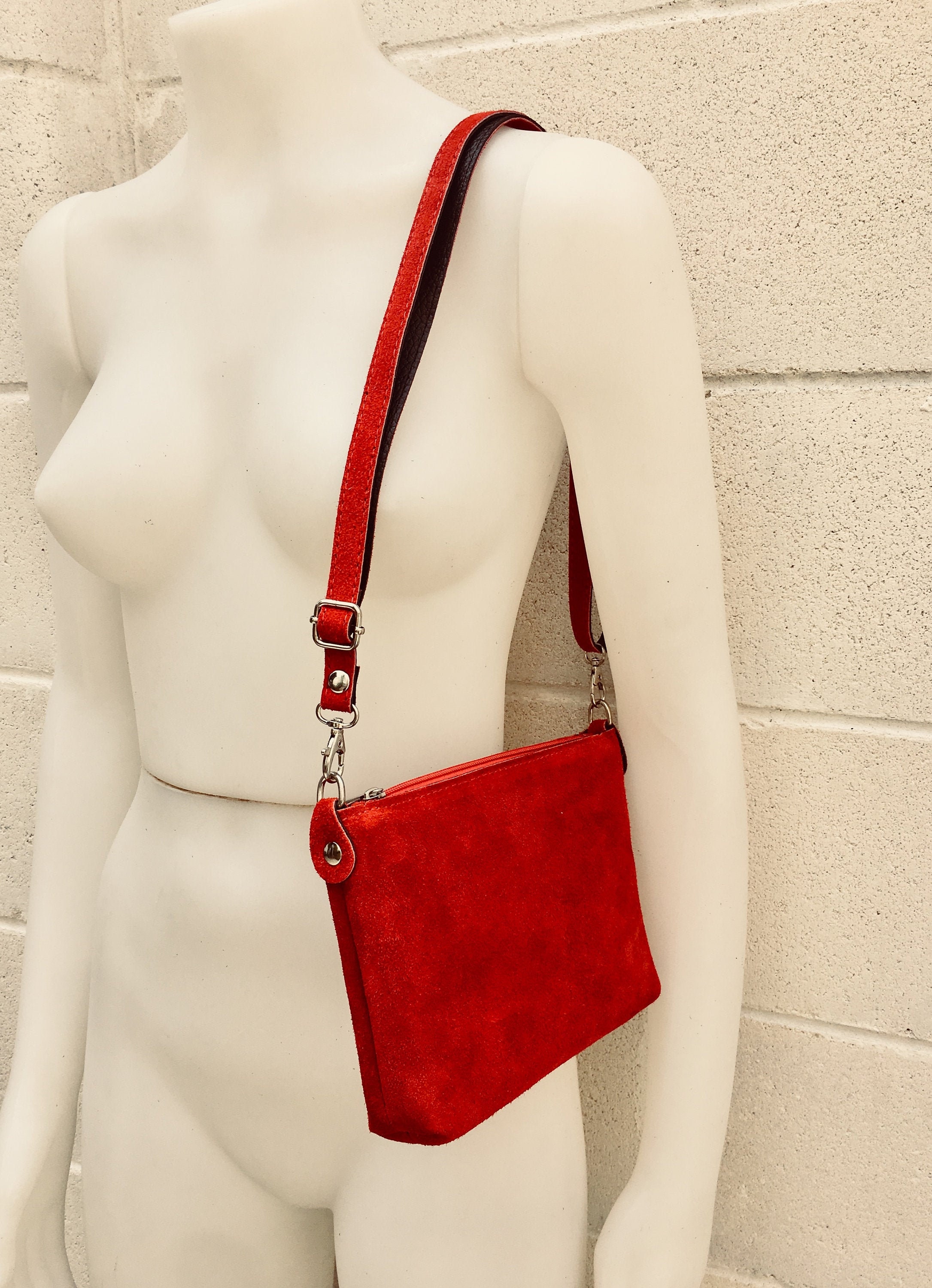 RED Suede Leather Bag. Crossbody / Shoulder Bag in GENUINE