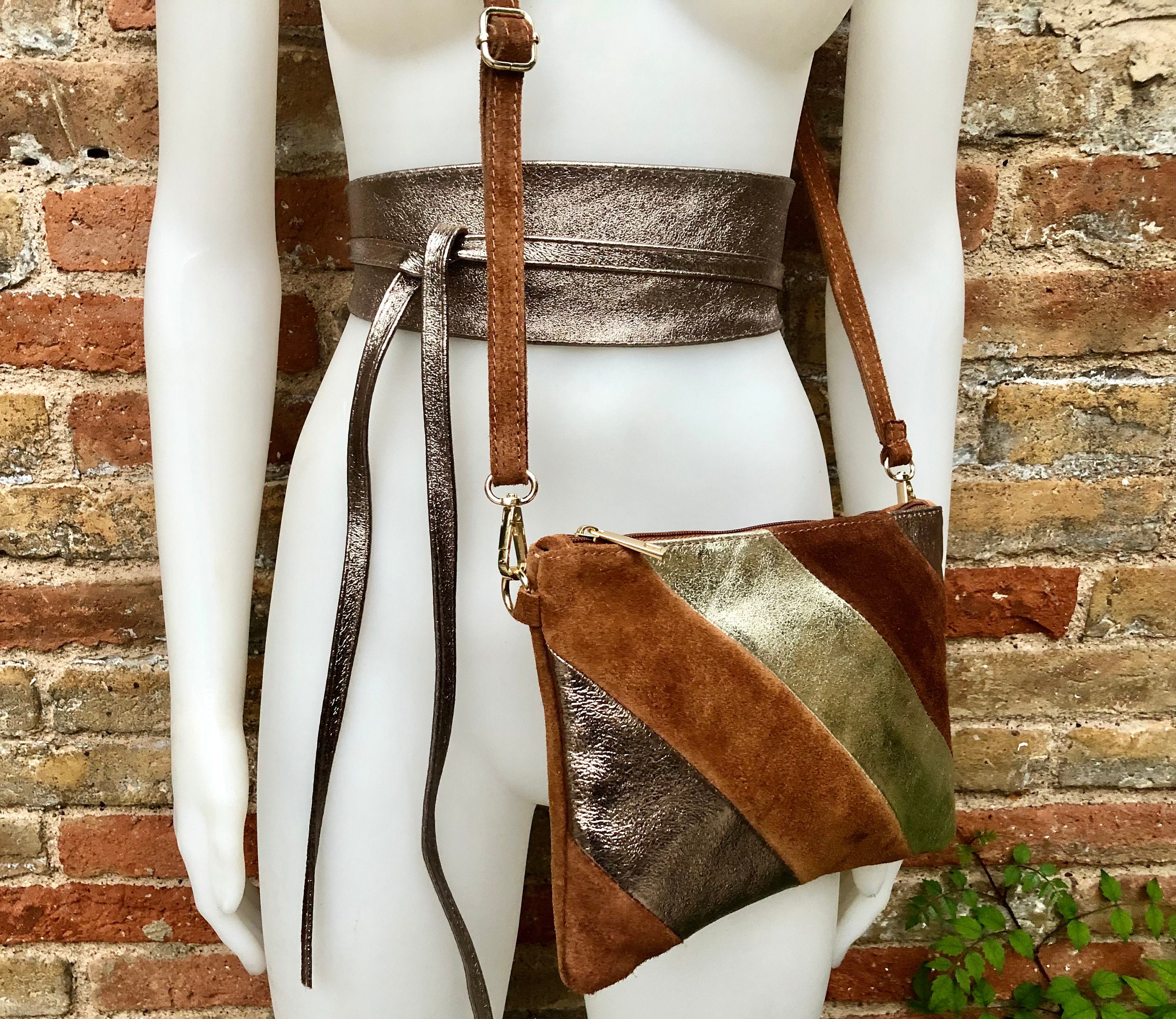 【DISCERNMENT】Lapa leather belt shoulder bag Leather Bag and Wrap Belt Set in Metallic Shine Leather