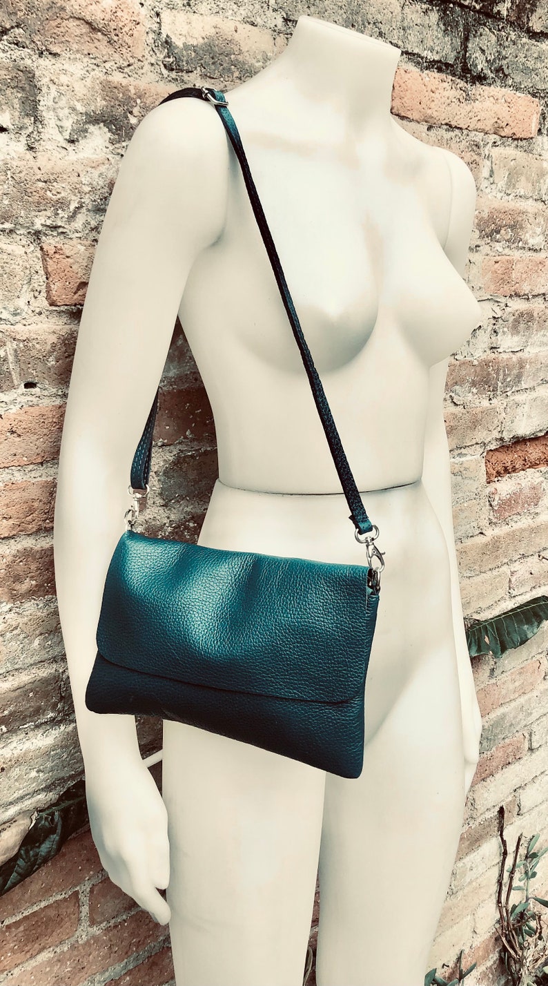 Small leather bag in teal BLUE-GREEN. Crossbody or shoulder bag in GENUINE leather. Blue purse with adjustable strap, flap and zipper. image 3