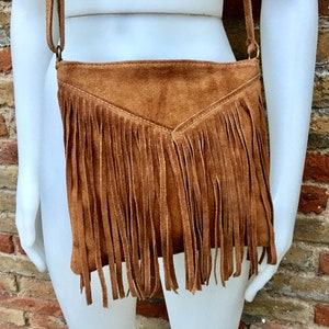 Cross body bag. BOHO suede leather bag in CAMEL brown with FRINGES. Messenger bag in soft  genuine suede leather. Crossbody hippy bag