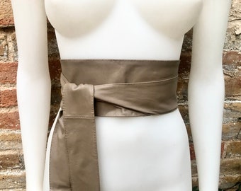 LIGHT BROWN obi belt. Wrap belt in soft genuine leather. Wraparound waist belt. Wide style. Boho dress belt in taupe brown leather