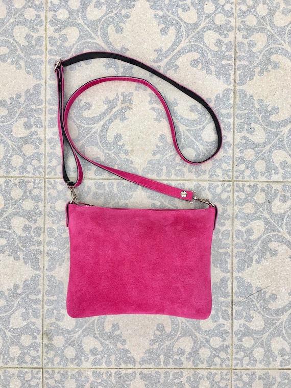Suede Leather Bag in Hot Pink. Cross Body Bag, Shoulder Bag