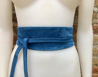 Blue suede obi belt. Soft WRAP belt in natural suede leather. Blue wraparound belt, boho belt, waist belt in denim blue, boho belts in blue