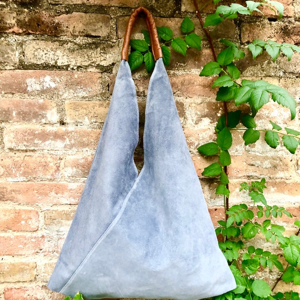 Slouch leather bag in blue -  gray suede. Genuine leather shoulder / shopper bag. Origami bag. Camel brown leather accent. Blue suede purse