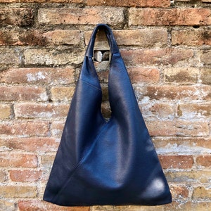 Slouch leather bag in NAVY blue . Large shoulder leather bag. Origami boho bag. Large dark blue GENUINE leather purse. Blue shopper bag