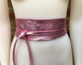 PINK OBI belt  in natural soft leather. Waist belt,wide  leather belt, metallic, wrap belt, boho sash, boho wraparound pink belt