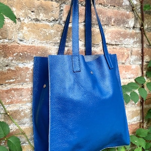 Tote leather bag in cobalt blue. Soft natural genuine leather shopper bag. Dark royal blue leather shoulder bag. Blue leather purse.