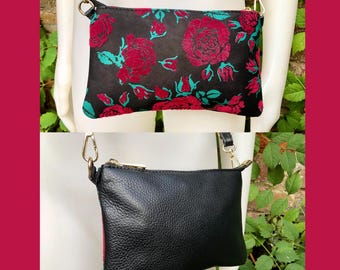 2 sided small BLACK leather bag. Red roses flock print. Crossbody / shoulder bag in GENUINE leather. Black and red leather purse