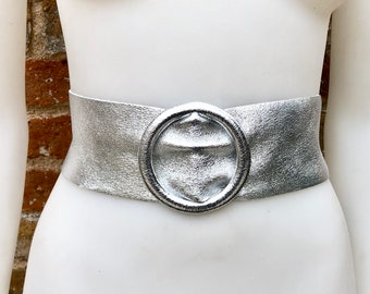 SILVER metallic leather waist belt with large round buckle. Soft leather belt in SILVER. Wide glitter genuine leather belt. Gold waist belt