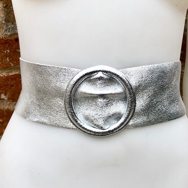 SILVER metallic leather waist belt with large round buckle. Soft leather belt in SILVER. Wide glitter genuine leather belt. Gold waist belt