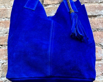 Cobalt BLUE leather shopper bag in genuine suede. Slouchy BLUE carry a –  Handmade suede bags by Good Times Barcelona