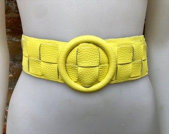 Bright yellow leather waist belt with large round buckle. Boho soft genuine leather belt in yellow. Wide waist belt. Braided leather