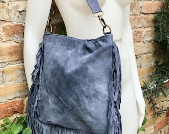 Blue - gray  crossbody / shoulder bag. Denim blue boho suede bag with FRINGES. Genuine leather messenger with 2 straps. Blue suede purse