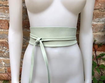 Mint green leather belt. Light green waist belt. Genuine  leather wrap belt. Aqua green obi belt. Green wraparound dress belt
