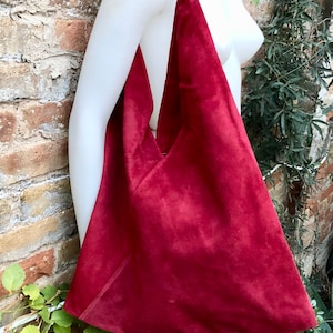 Slouch leather bag in RED. Large shoulder leather bag. Boho bag. Laptop bags in suede. Origami suede leather bag. RED suede purse.