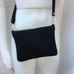 Suede leather bag in BLACK. Cross body bag, shoulder bag in GENUINE  leather. Small leather bag with adjustable strap and zipper.