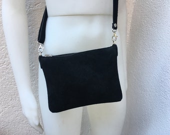 Suede leather bag in BLACK. Cross body bag, shoulder bag in GENUINE  leather. Small leather bag with adjustable strap and zipper.