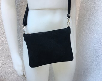 Sac en cuir suédé NOIR. Sac bandoulière, sac à bandoulière en cuir VÉRITABLE. Petit sac en cuir avec bandoulière réglable et fermeture éclair.