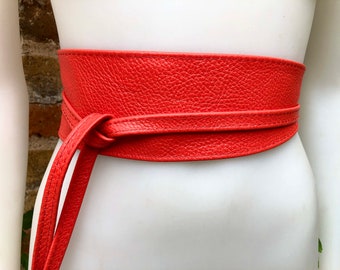Obi belt in soft leather. Wrap belt in RED. Waist belt in Coral red.  Dress , wraparound belt or  sash. Boho leather belt.