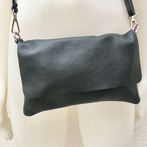 Small leather bag in BLACK. Cross body bag, shoulder bag in GENUINE  leather. BLACK  bag with adjustable strap,  zipper and flap.