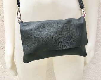 Small leather bag in BLACK. Cross body bag, shoulder bag in GENUINE  leather. BLACK  bag with adjustable strap,  zipper and flap.