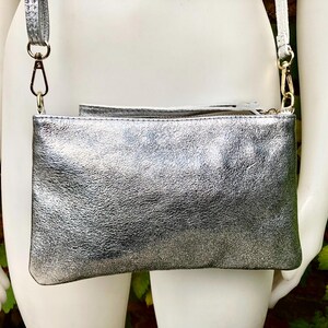 Silver small leather bag. GENUINE leather crossbody / shoulder bag. Metallic leather bag with adjustable strap. Small silver leather purse