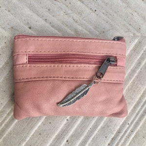 PINK coin purse in genuine leather, 3 zippers. Fits credit cards, coins, bills. Small leather wallet. Fuchsia, light , neon purple pink image 6