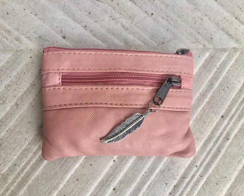 PINK coin purse in genuine leather, 3 zippers. Fits credit cards, coins, bills. Small leather wallet. Fuchsia, light , neon purple pink image 6