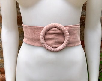 Light pink suede waist belt with large round buckle. Boho soft suede belt in a soft pink shade. Genuine natural pink suede leather