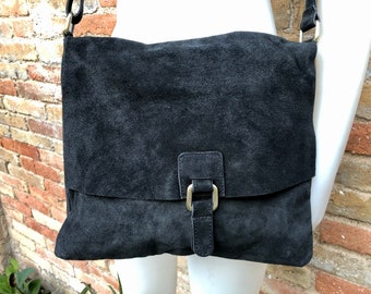 BOHO suede messenger leather bag in BLACK. Cross body bag in BLACK suede. Soft genuine leather messenger bag. School bags