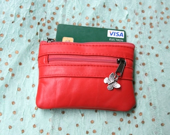 small purse in genuine leather. CORAL RED purse for cards, coins and bills, 3 zippers and a metallic butterfly charm. Soft red leather