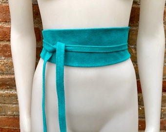 TURQUOISE  suede OBI belt in natural soft leather. Blue waist belt. Soft leather belt, beige sash, boho belt, boho wrap belt