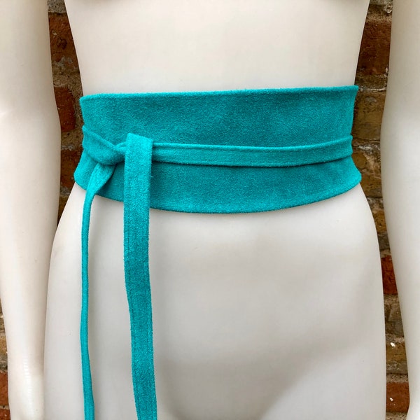 TURQUOISE  suede OBI belt in natural soft leather. Blue waist belt. Soft leather belt, beige sash, boho belt, boho wrap belt